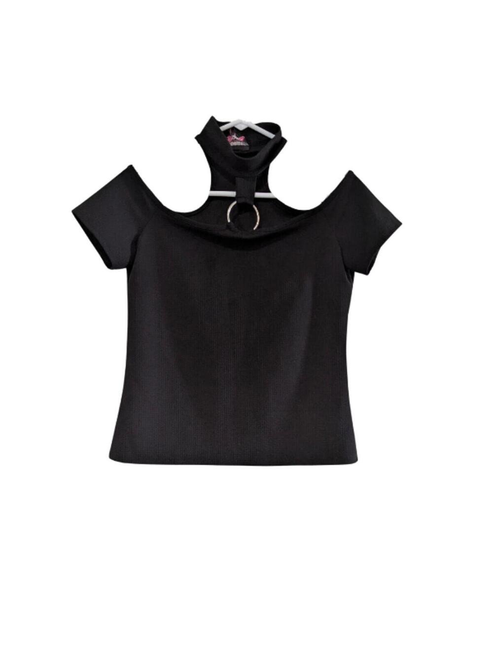 Discreet Women's Cold Shoulder Halter Top, Black, Size Large, Metal Ring Accent